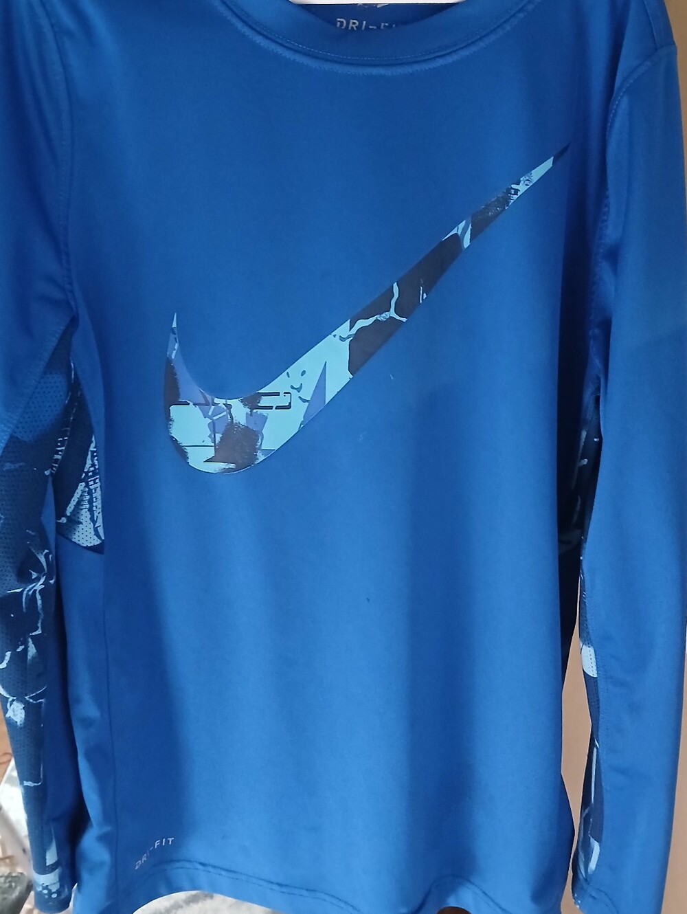 Nike Blue Long Sleeve Dri-FIT Shirt with Patterned Swoosh